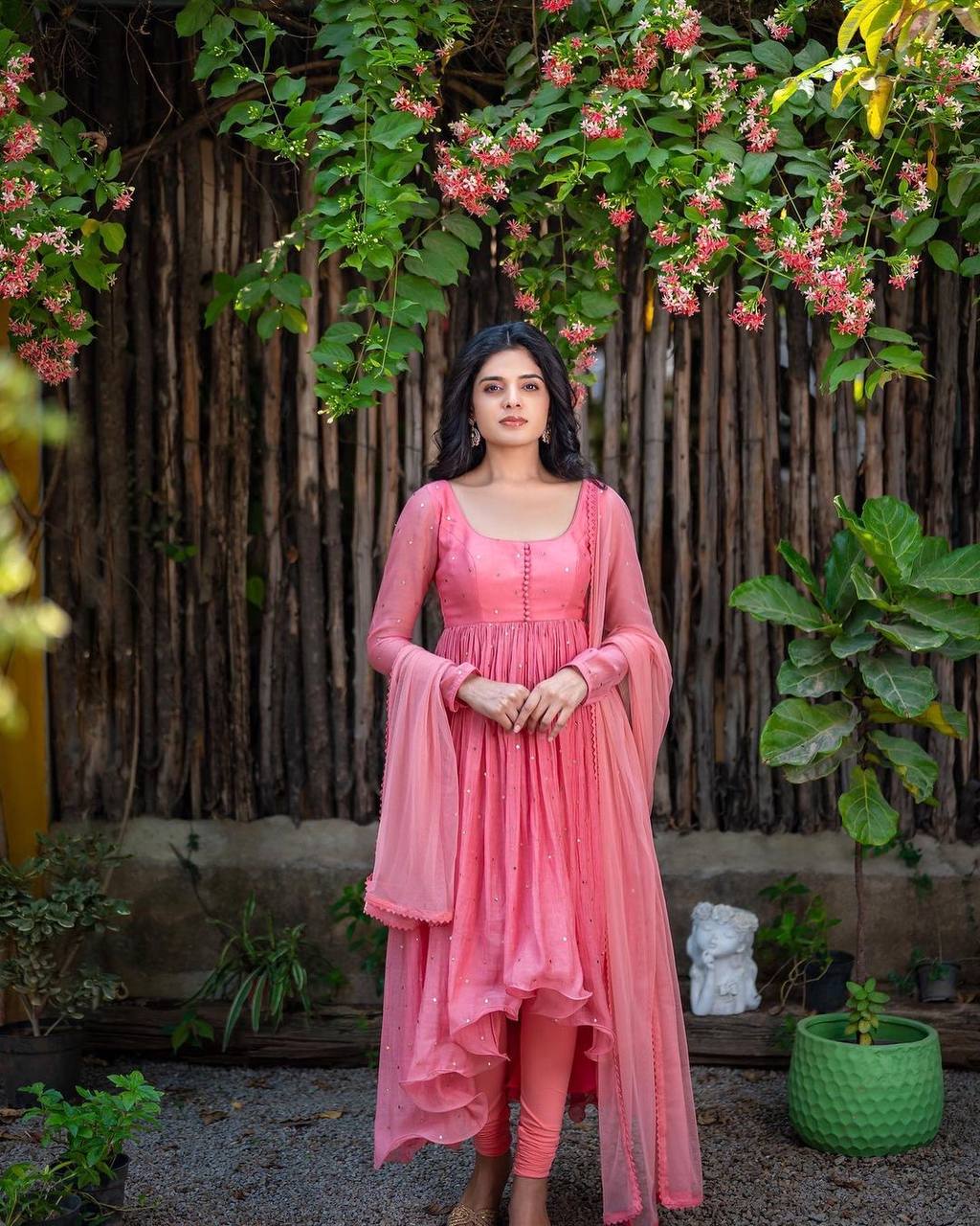Peach Color Sequence Embroidered Up Down Gown