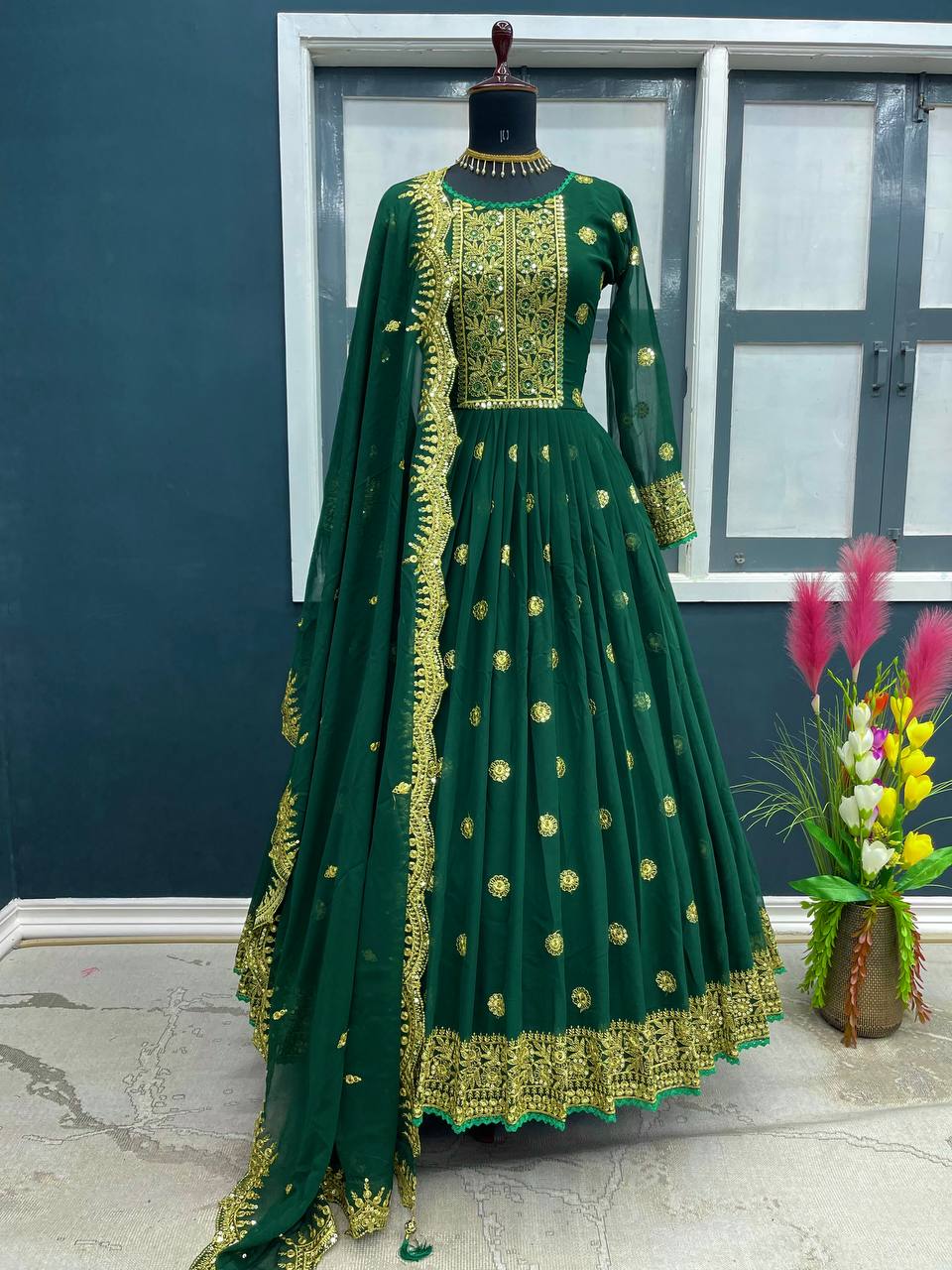 Party Wear Green Color Embroidery Sequence Work Gown