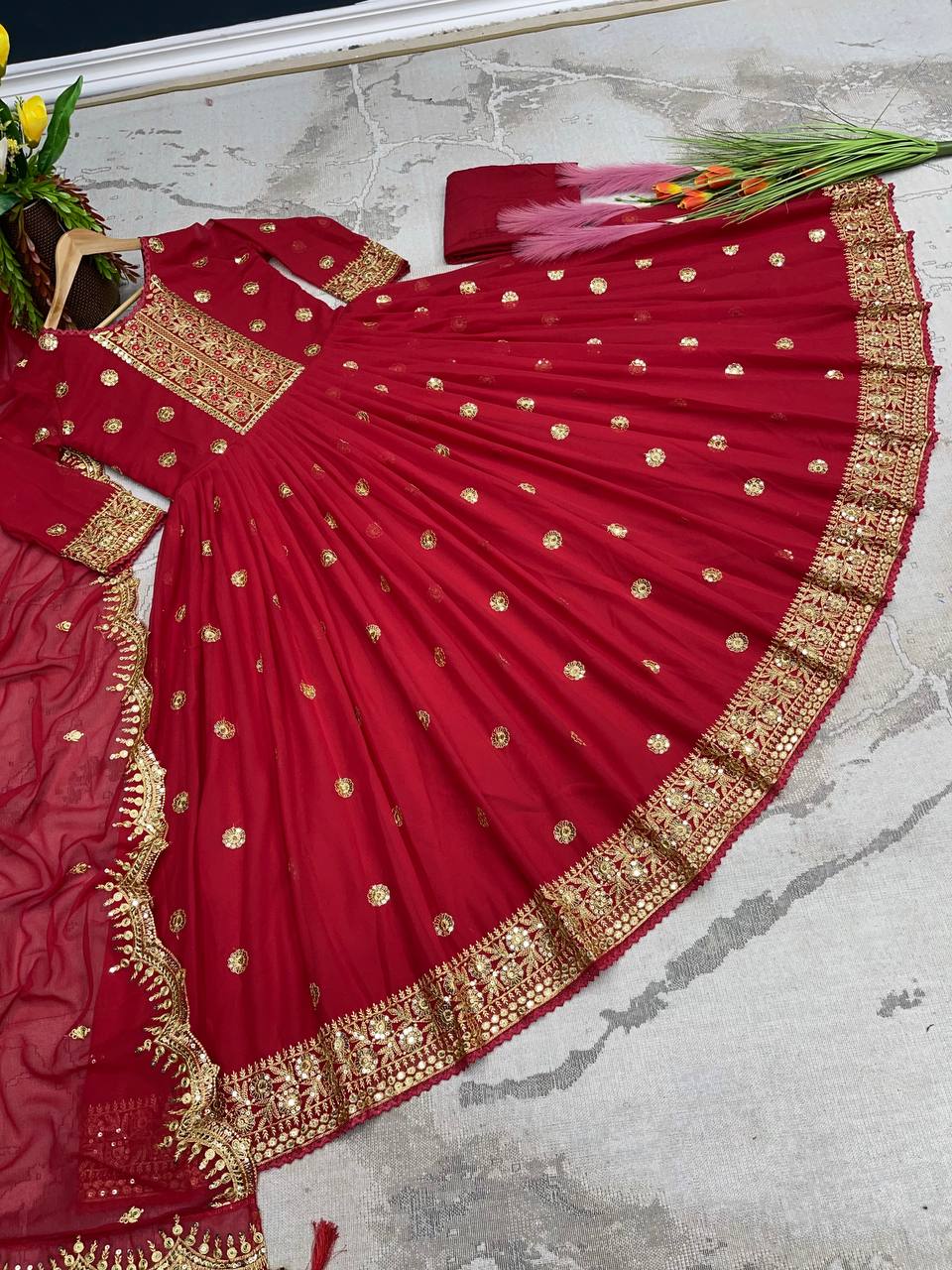 Party Wear Red Color Embroidery Sequence Work Gown
