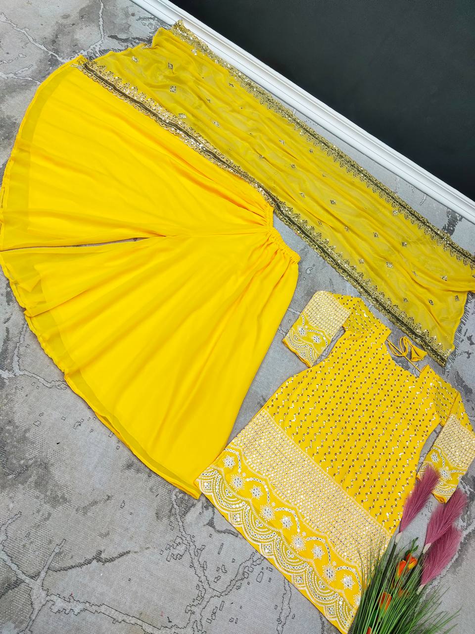 Yellow Color Sequence Embroidery Work Sharara Suit for Haldi