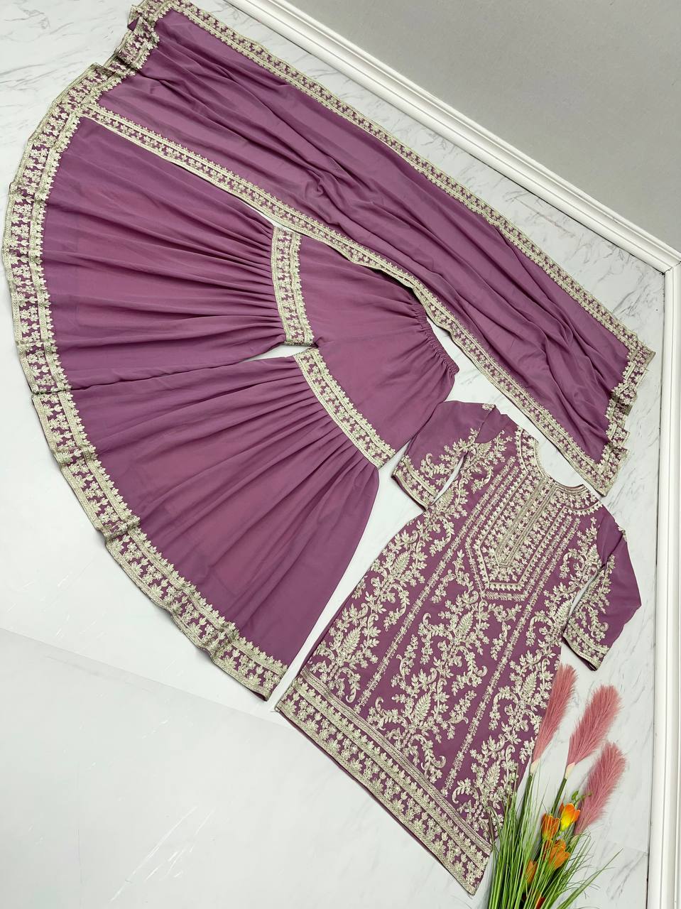 Glorious Dusty Pink Color Embroidered Sharara Suit