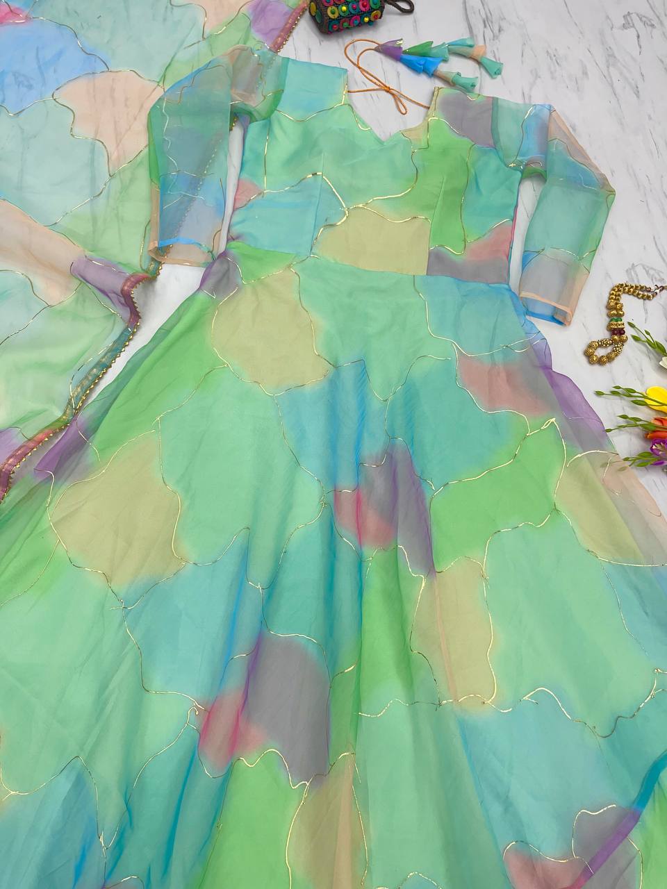 Multi Green Color Foil Digital Print Gown