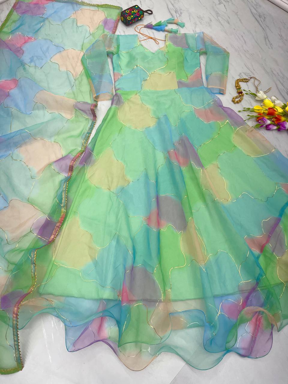 Multi Green Color Foil Digital Print Gown