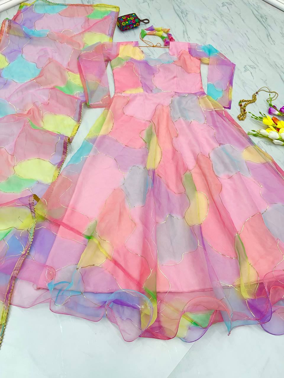 Multi Pink Color Foil Digital Print Gown