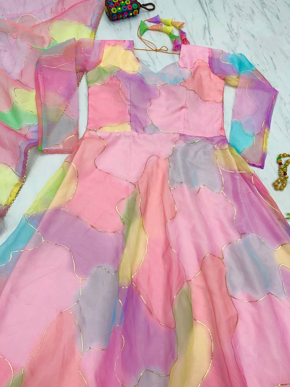 Multi Pink Color Foil Digital Print Gown