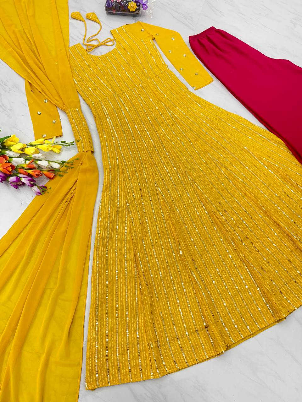 Fabulous Yellow Color Sequence Work Nayra Cut Top With Palazzo