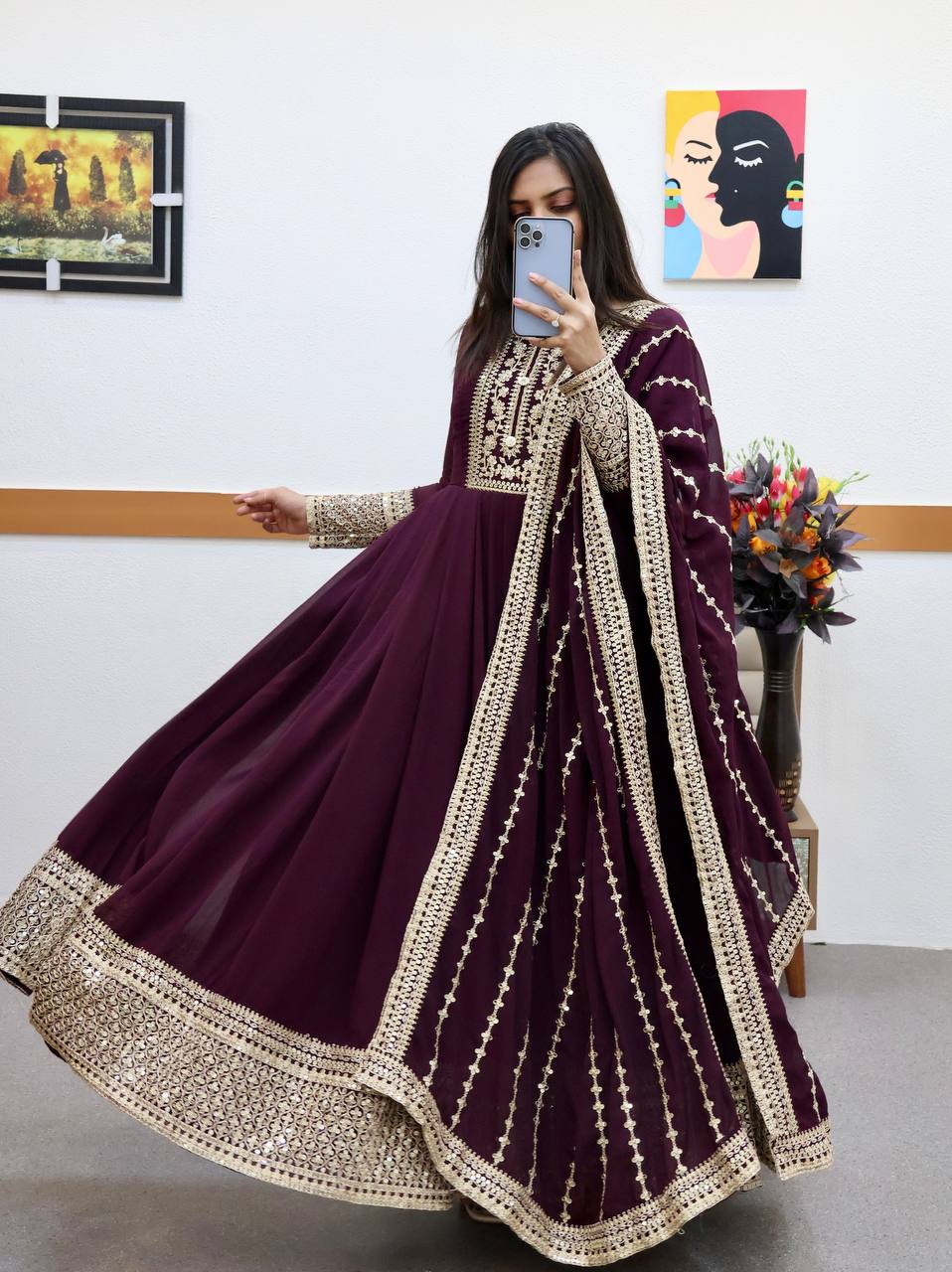 Wine Anarkali Gown in Faux Georgette with Embroidery Work