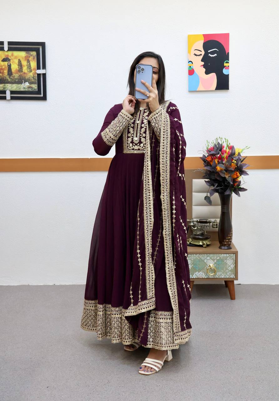 Wine Anarkali Gown in Faux Georgette with Embroidery Work