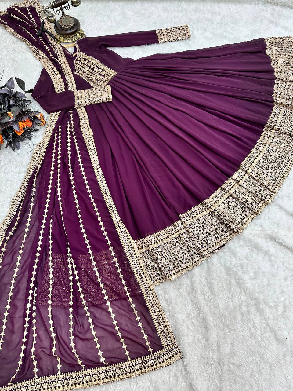 Wine Anarkali Gown in Faux Georgette with Embroidery Work