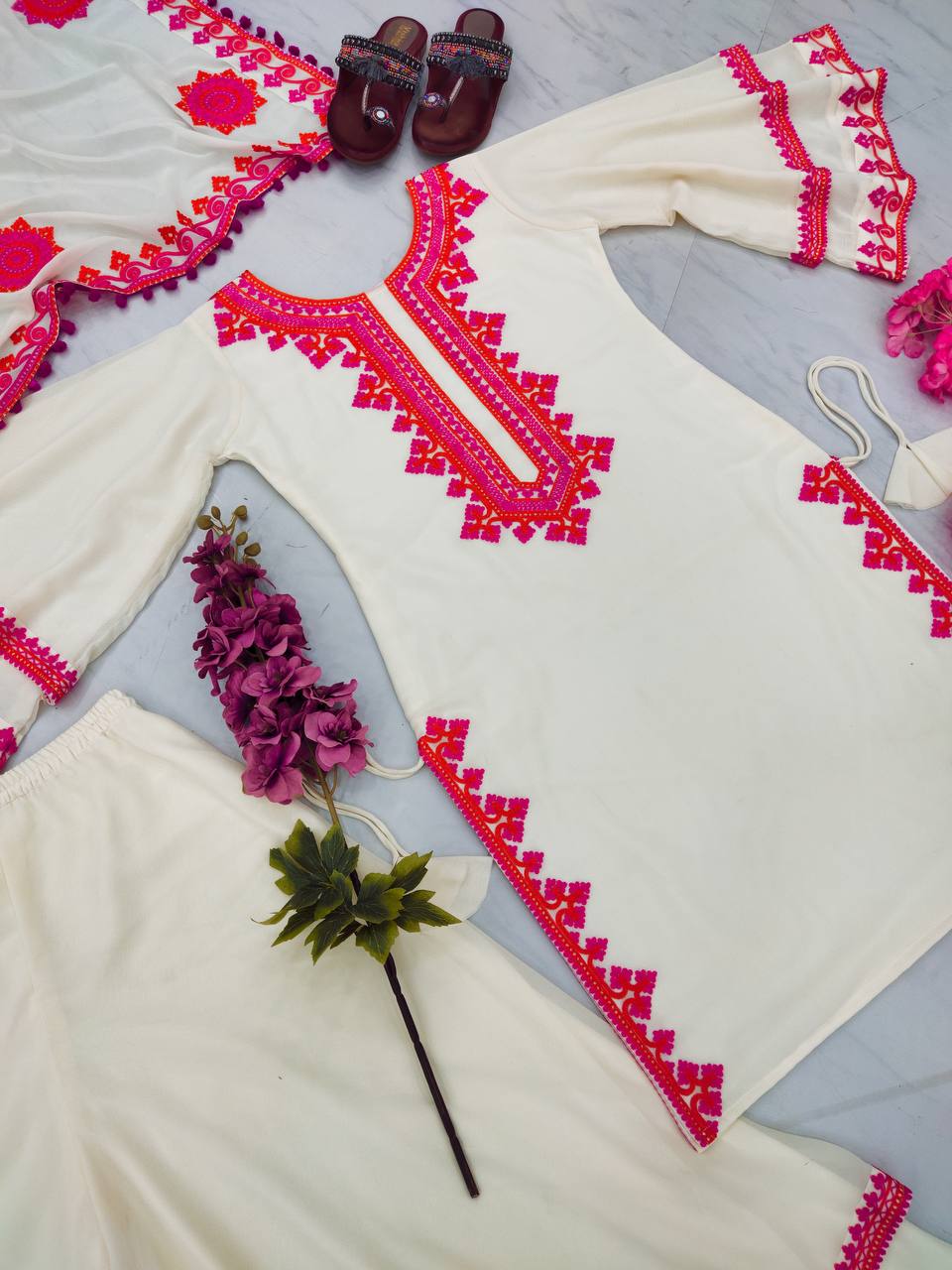 Pink Thread Work Off White Color Top With Sharara
