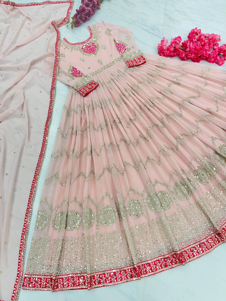 Mesmerizing Sequence Work Peach Color Gown