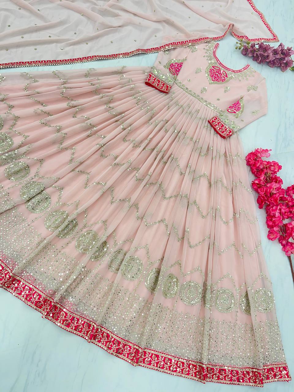 Mesmerizing Sequence Work Peach Color Gown
