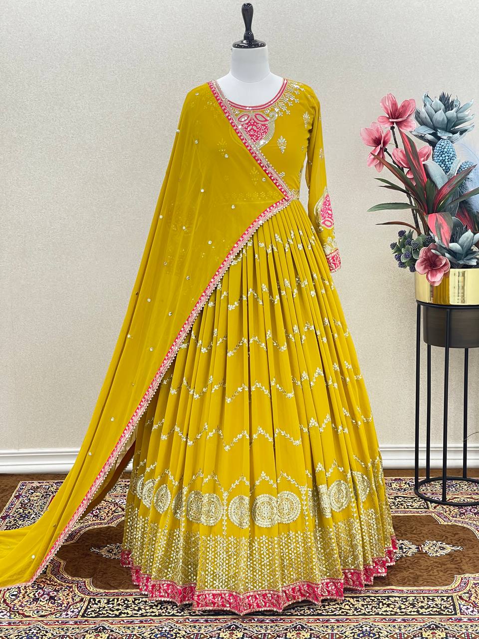 Haldi Wear Yellow Color Sequence Work Gown