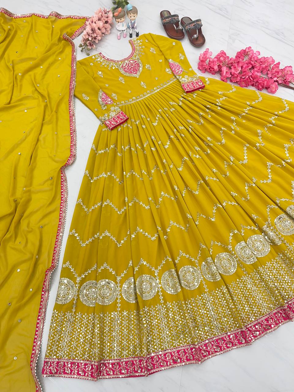 Haldi Wear Yellow Color Sequence Work Gown