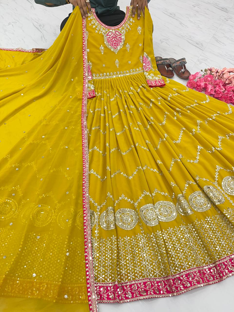 Haldi Wear Yellow Color Sequence Work Gown