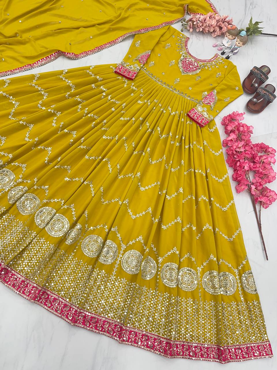 Haldi Wear Yellow Color Sequence Work Gown