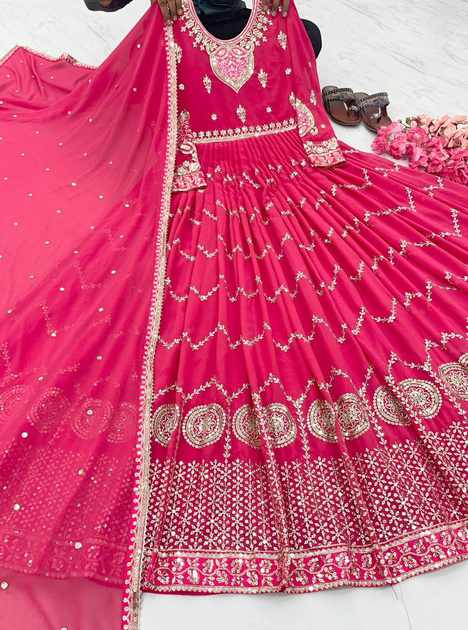Attractive Pink Color Sequence Work Gown