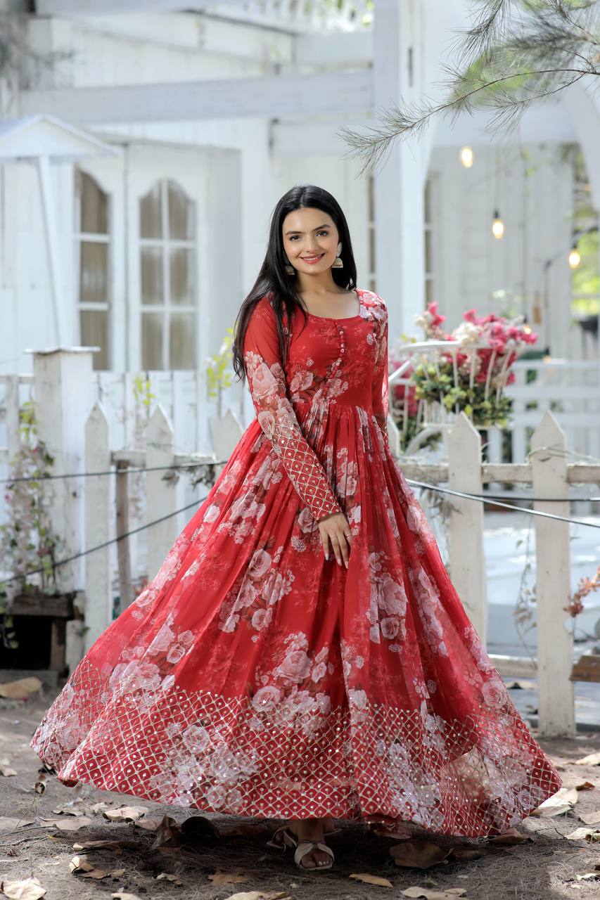 Full Sleeves Sequence Work Red Color Gown