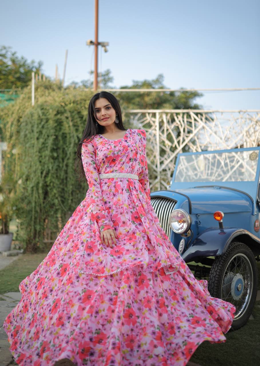 Fairy Look Light Pink Digital Printed Gown With Belt