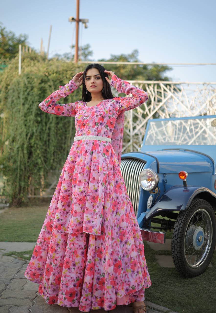 Fairy Look Light Pink Digital Printed Gown With Belt