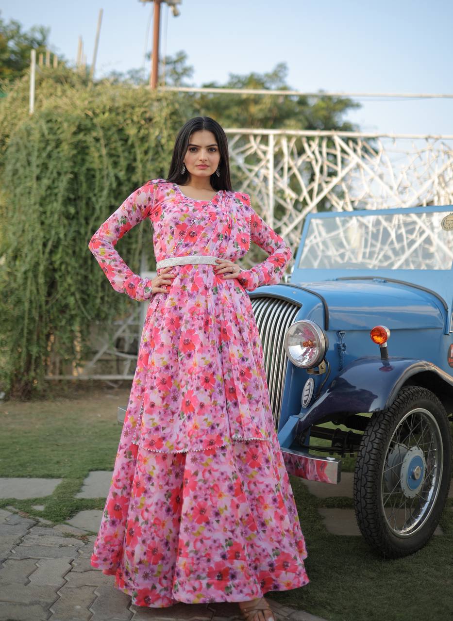 Fairy Look Light Pink Digital Printed Gown With Belt