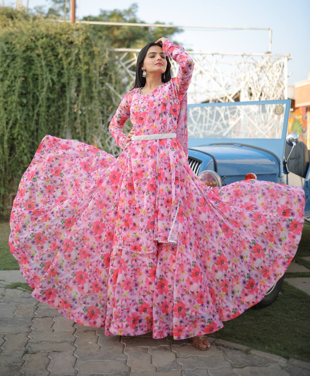 Fairy Look Light Pink Digital Printed Gown With Belt