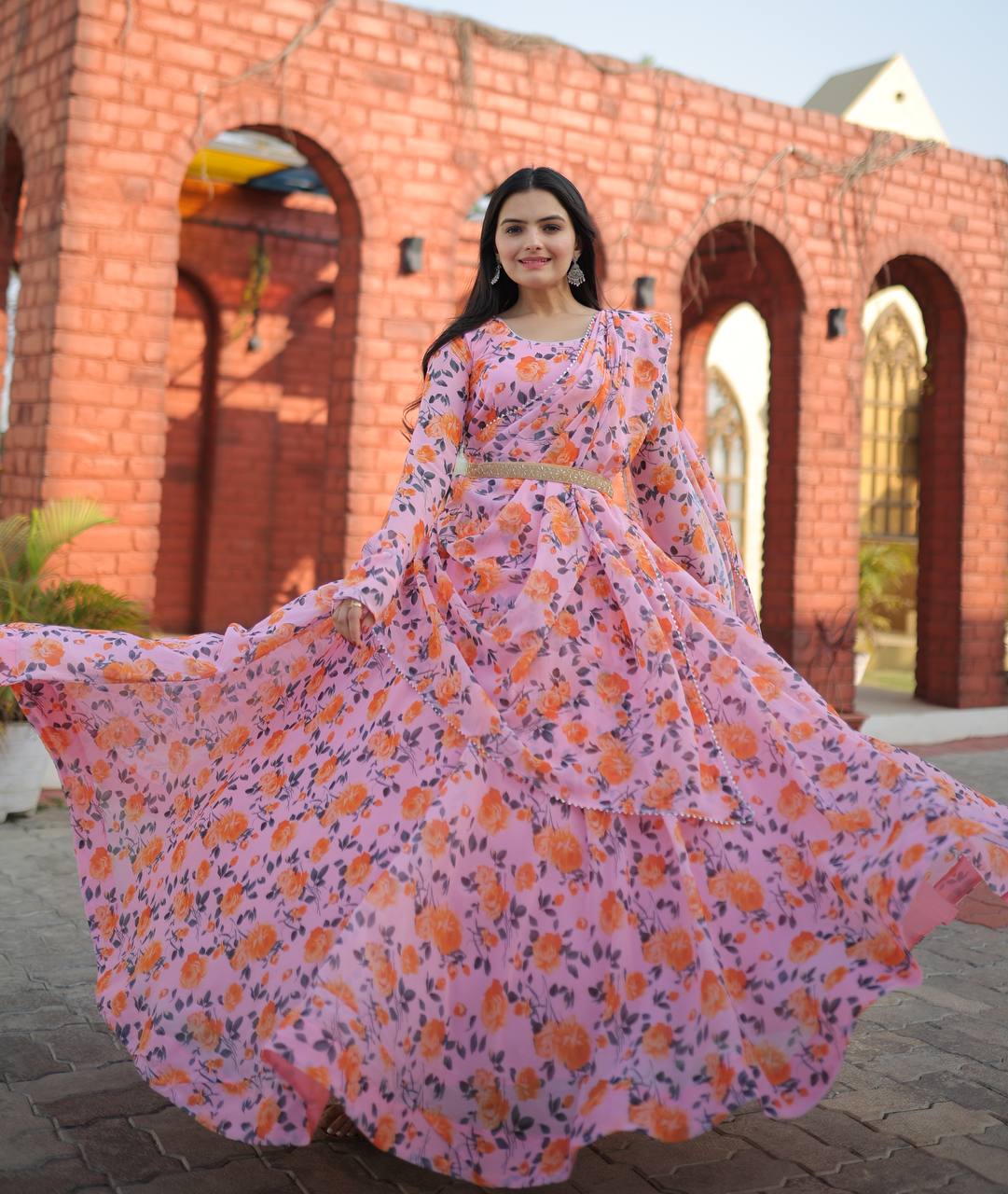 Rich Flower Digital Print Light Pink Color Gown