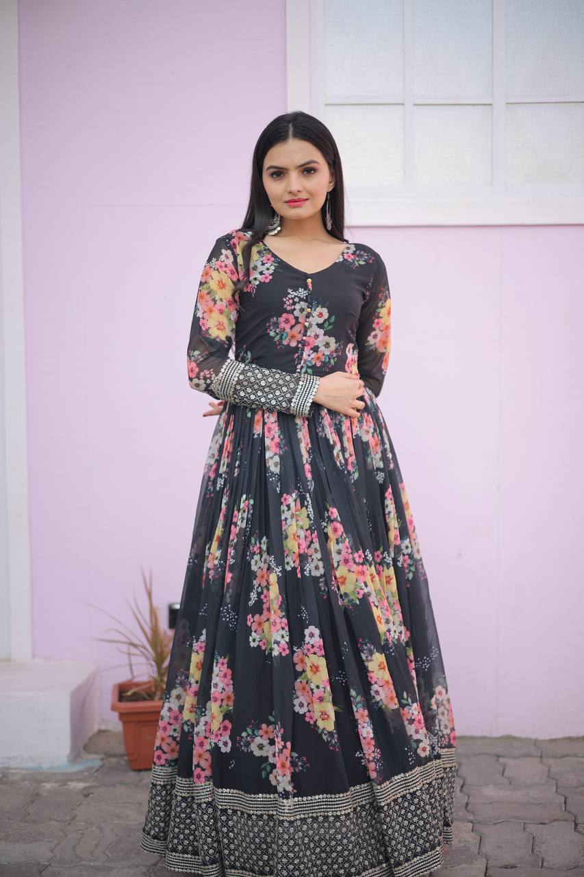 Digital Print black Color Function Wear Gown