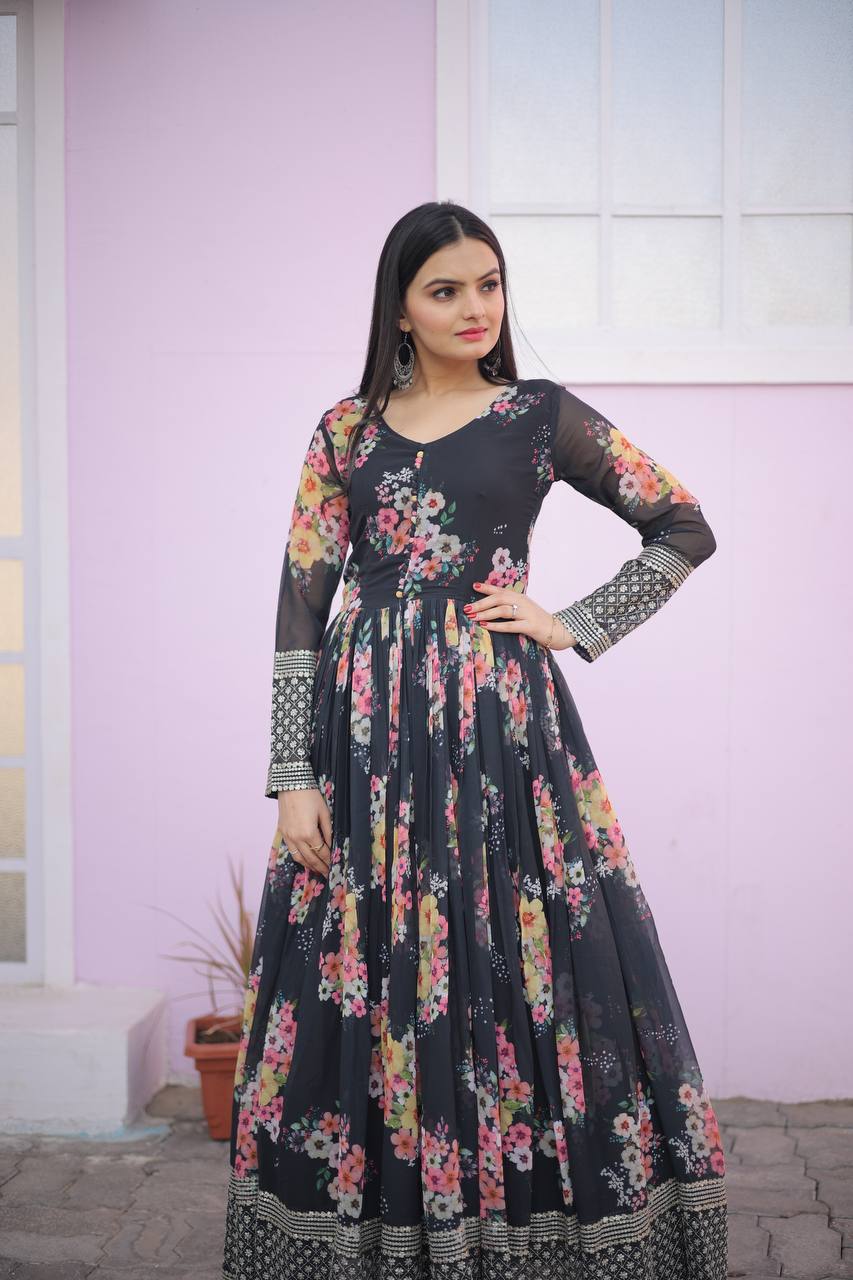 Digital Print black Color Function Wear Gown