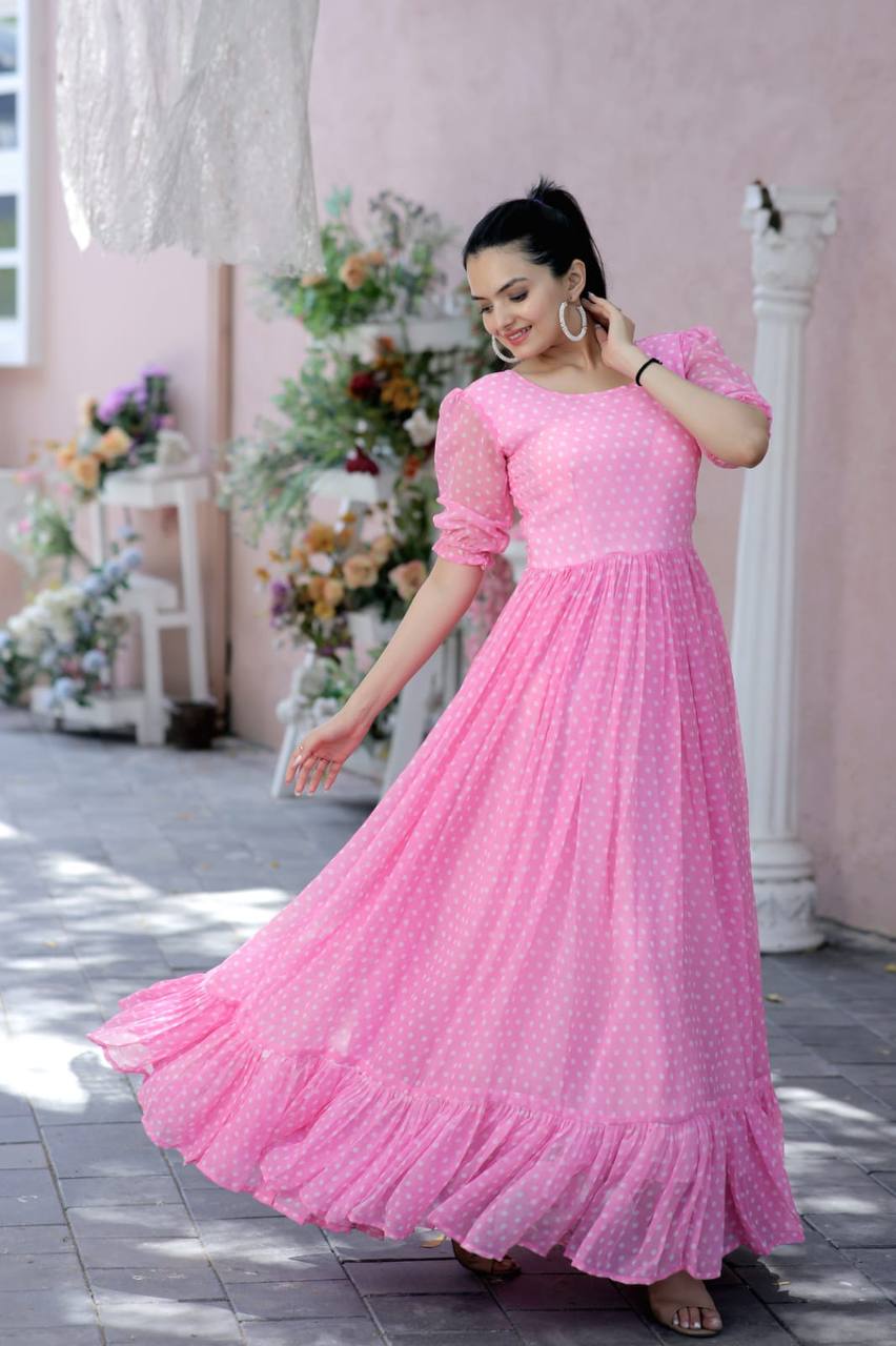 Polka Dot Printed Work Light Pink Color Gown