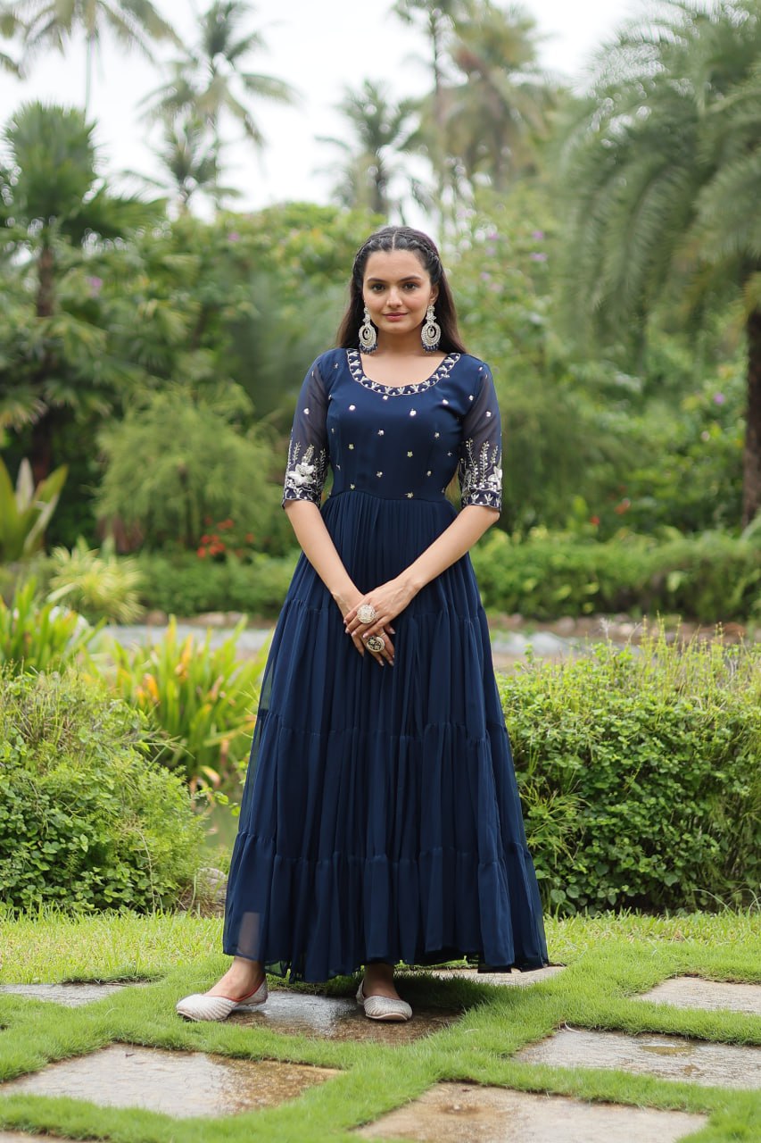 Navy Blue Luxury Designer Gown with Zari and Sequins Embroidery