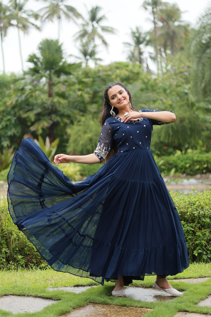 Navy Blue Luxury Designer Gown with Zari and Sequins Embroidery