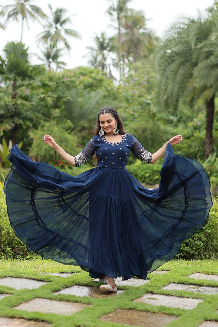 Navy Blue Luxury Designer Gown with Zari and Sequins Embroidery