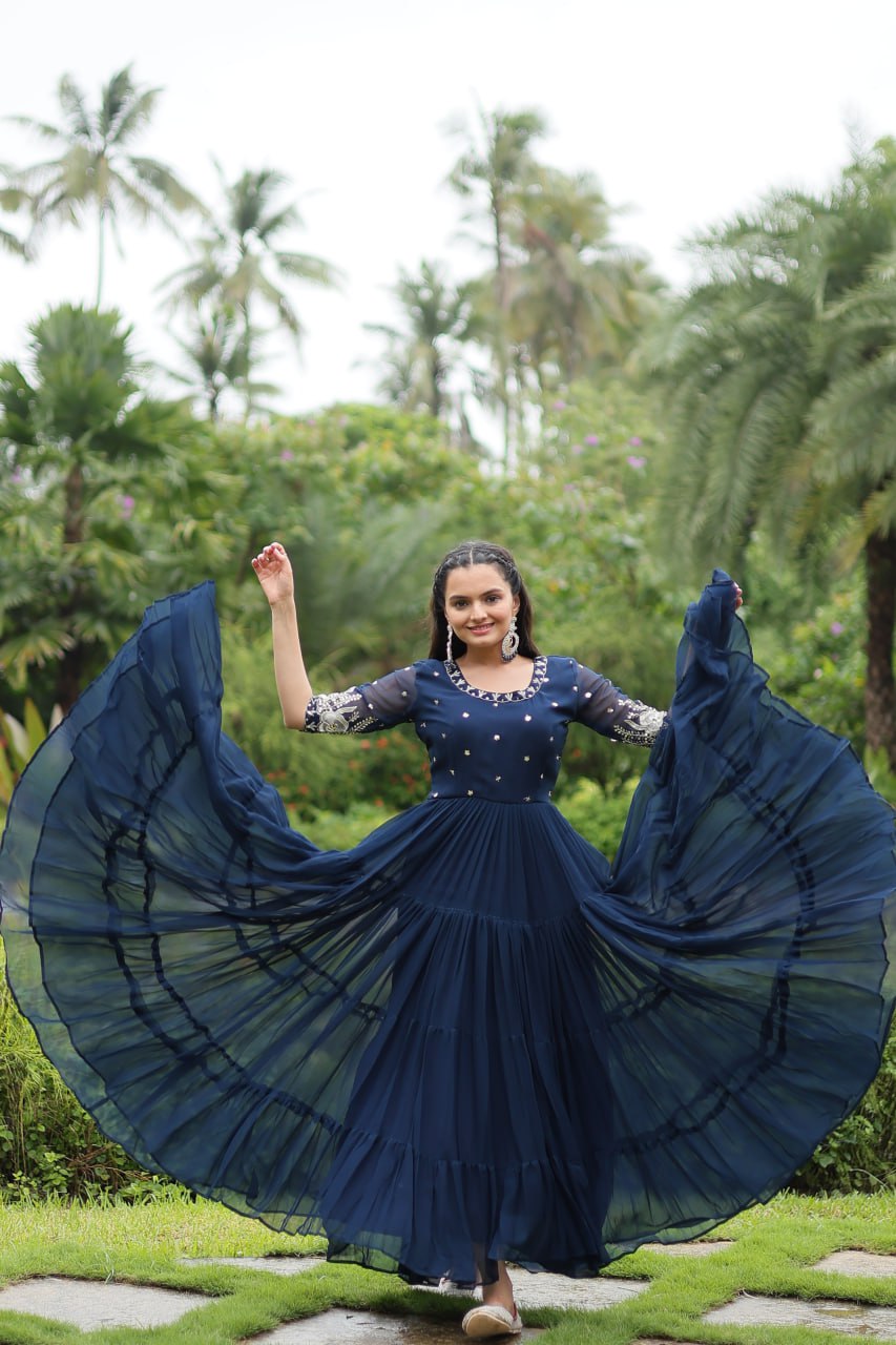 Navy Blue Luxury Designer Gown with Zari and Sequins Embroidery