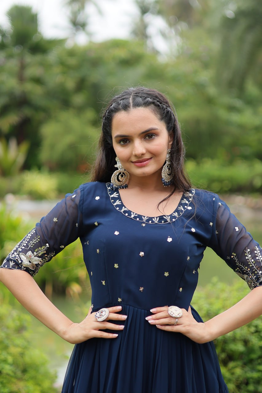 Navy Blue Luxury Designer Gown with Zari and Sequins Embroidery