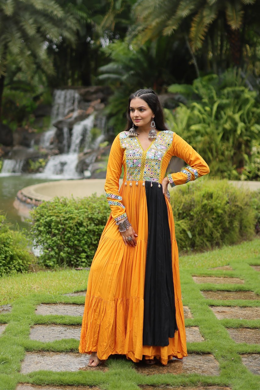 Yellow Stunning Partywear Gown with Kutchi Gamthi Work