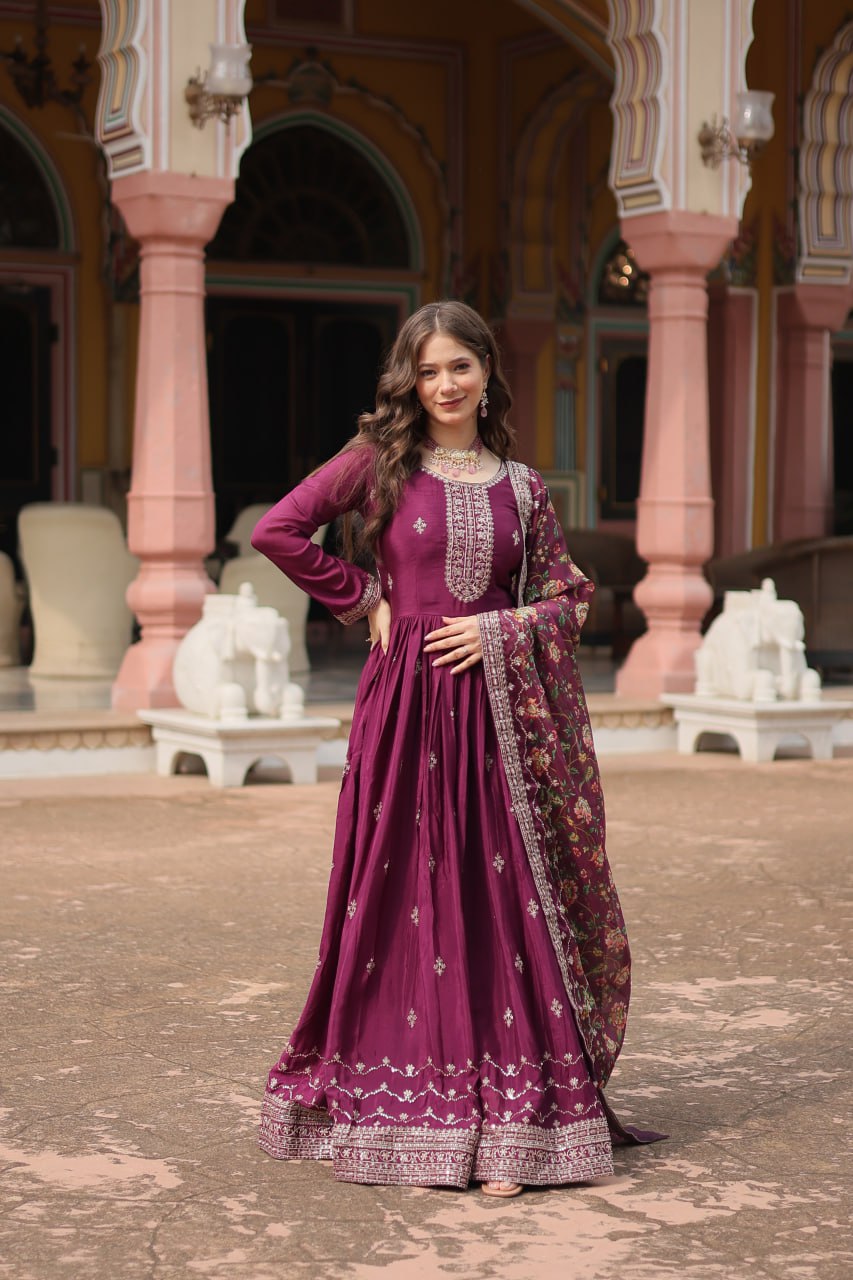 Wine Elegant Chinon Gown with Sequins Embroidery & Kalamkari Silk Dupatta