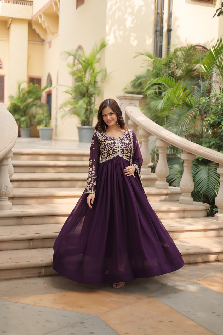 Wine Faux Blooming Gown with Multi-Embroidery and Sequins Work
