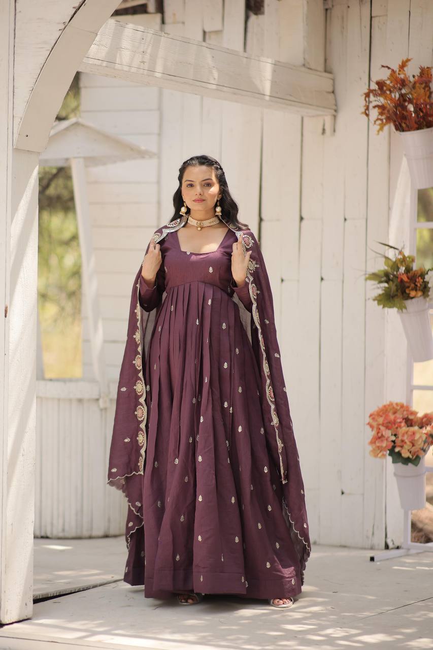 Wine Vichitra Shimmer Gown with Sequins Embroidery and Arco-Cut Dupatta