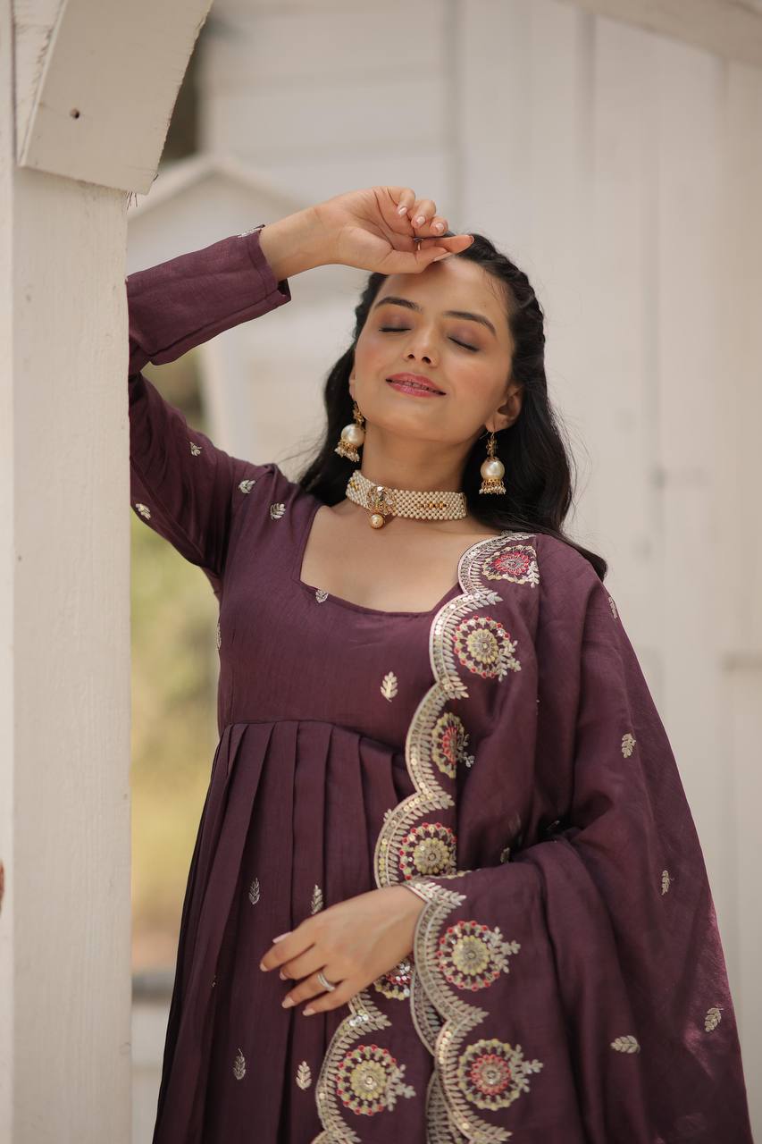 Wine Vichitra Shimmer Gown with Sequins Embroidery and Arco-Cut Dupatta