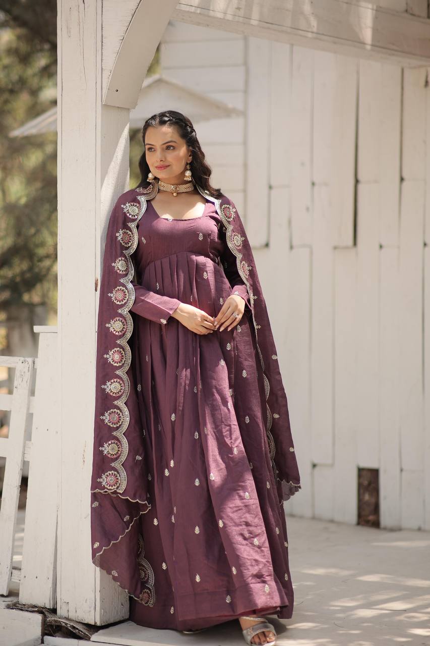 Wine Vichitra Shimmer Gown with Sequins Embroidery and Arco-Cut Dupatta