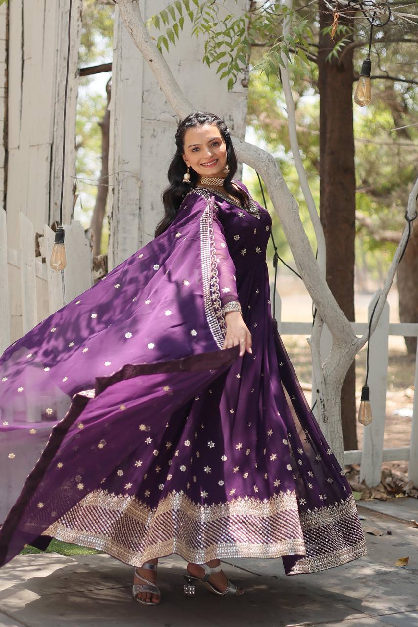Wine Epitome of Grace: Faux Blooming Anarkali Suit with Rich Sequins Embroidery