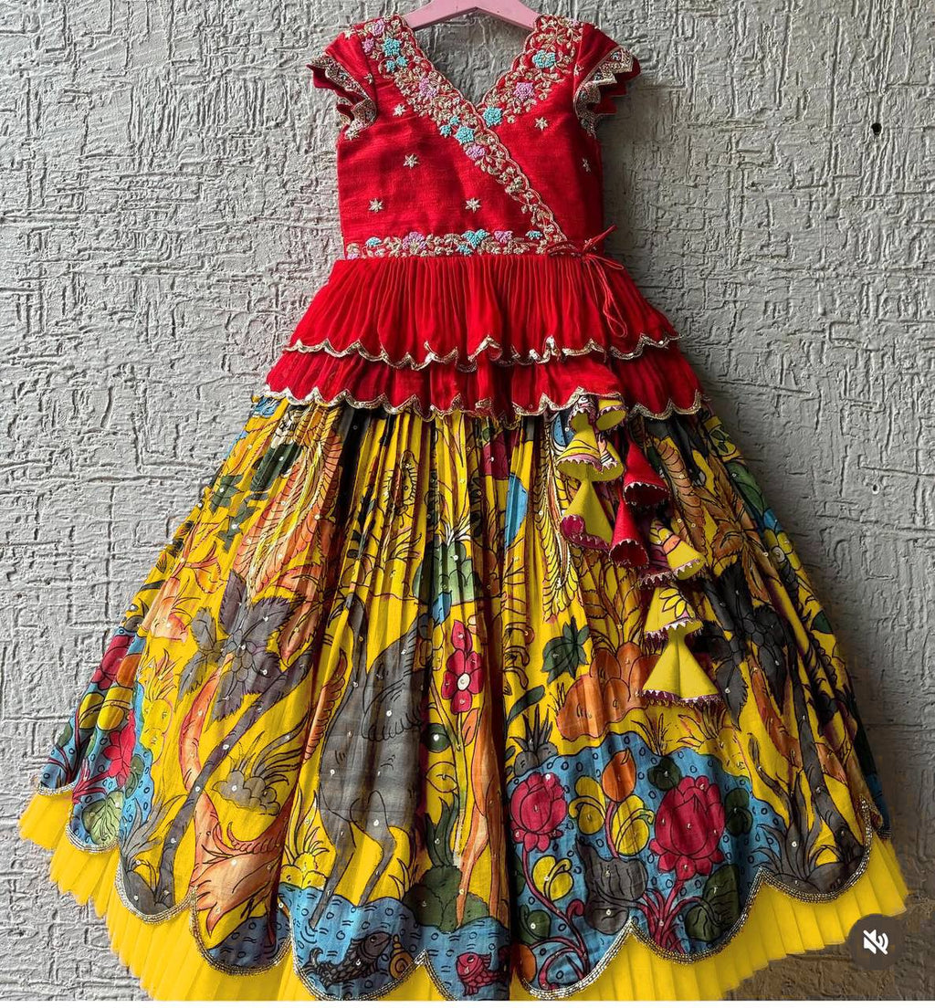 Girls Red Embroidered Top with Yellow Multicolour Artistic Print Lehenga