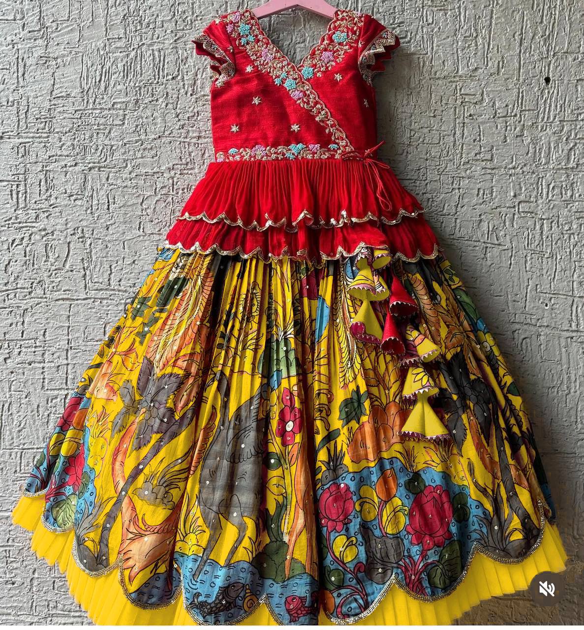 Girls Red Embroidered Top with Yellow Multicolour Artistic Print Lehenga