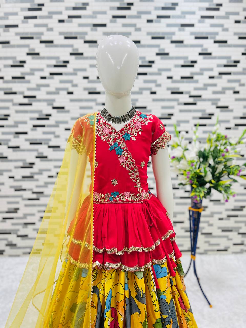 Girls Red Embroidered Top with Yellow Multicolour Artistic Print Lehenga