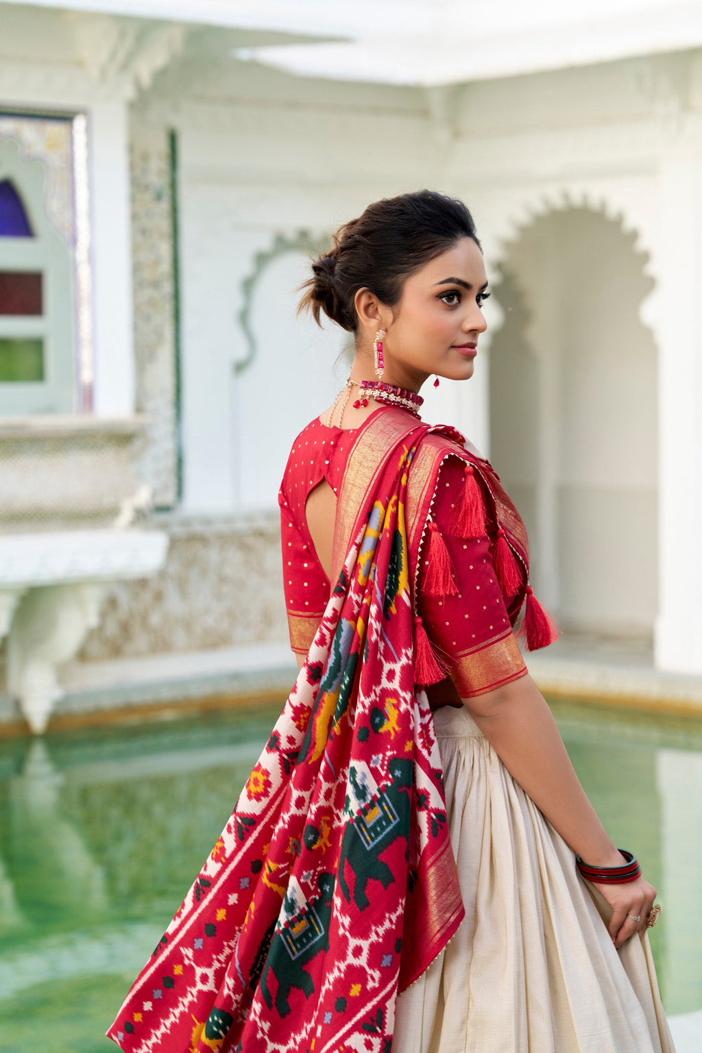 Mediashor Cream Patola Lehenga Choli with Red Banarasi Dupatta