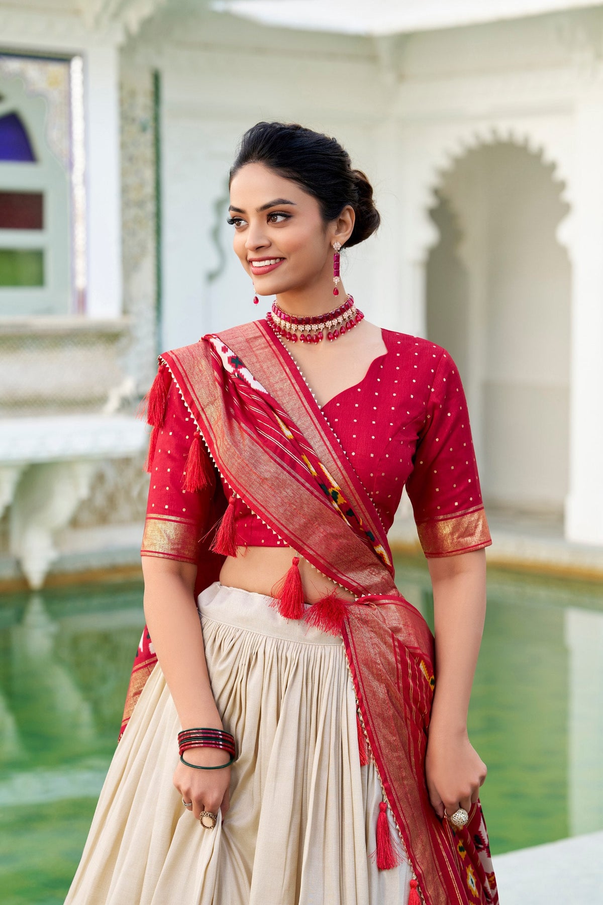Mediashor Cream Patola Lehenga Choli with Red Banarasi Dupatta