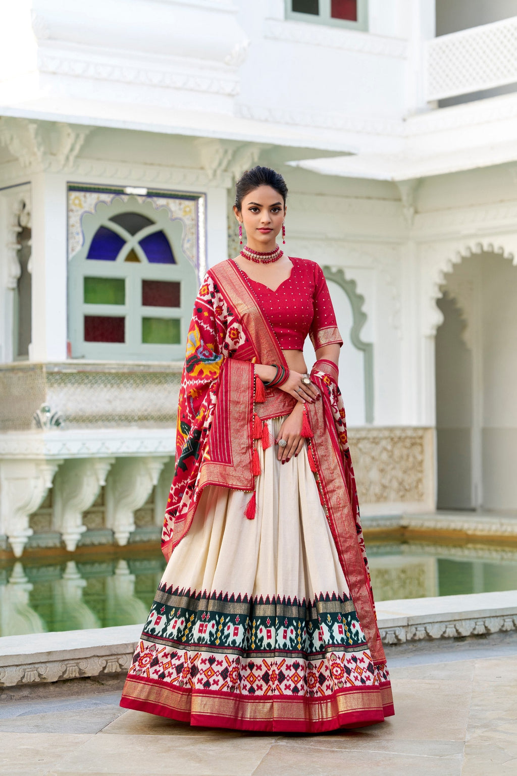 Mediashor Cream Patola Lehenga Choli with Red Banarasi Dupatta