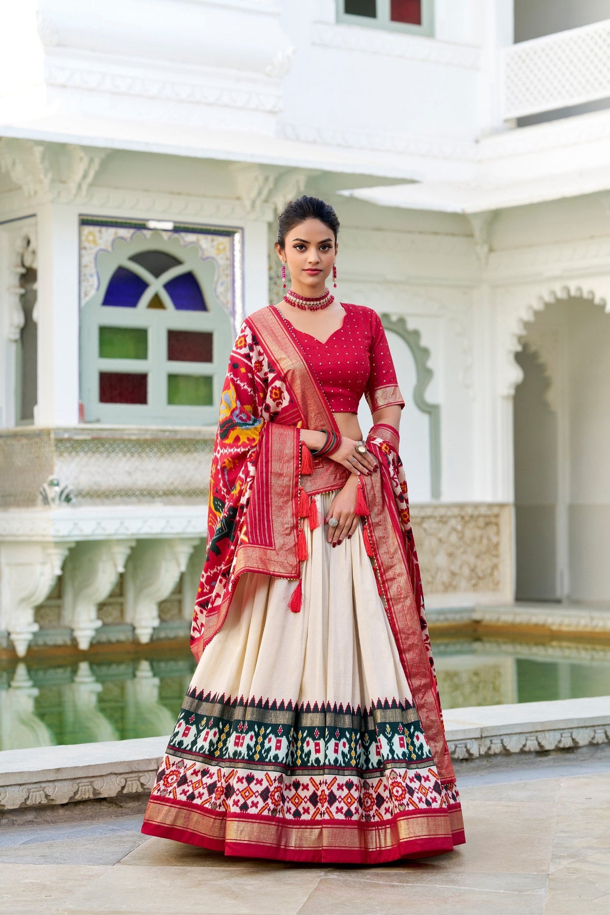 Mediashor Cream Patola Lehenga Choli with Red Banarasi Dupatta