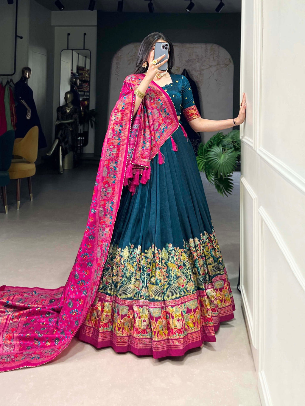 Mediashor Teal Green Printed Lehenga Choli with Pink Banarasi Dupatta
